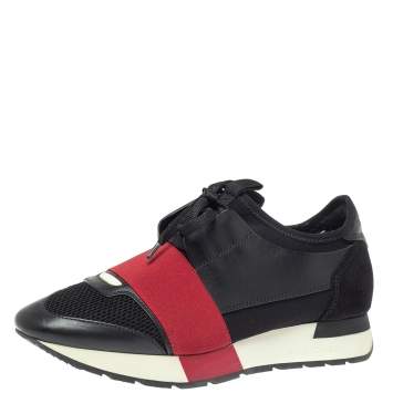 Pre Owned Balenciaga Black/Red Mesh And Leather Race Runner Low Top Sneakers Size 37