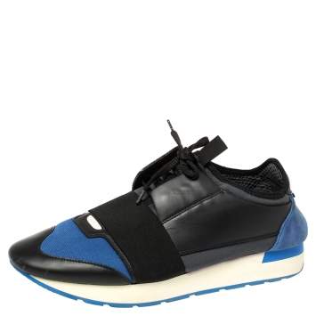 Pre Owned Balenciaga Black/Blue Leather And Mesh Race Runners Sneakers Size 41