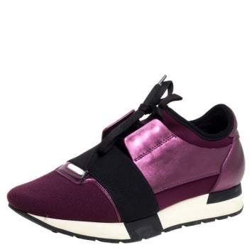 Pre Owned Balenciaga Metallic Pink Leather And Mesh Race Runner Low Top Sneakers Size 38