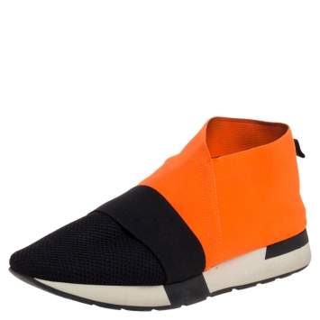 Pre Owned Balenciaga Orange/Black Elastic and Mesh High Top Sneakers Size 40