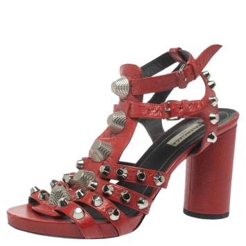Pre Owned Balenciaga Red Leather Giant Block Heel Sandals Size 38.5