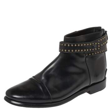Pre Owned Balenciaga Black Leather Studded Ankle Strap Boots Size 39