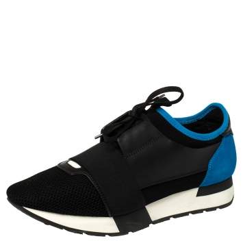 Pre Owned Balenciaga Black/Blue Suede Leather And Mesh Race Runner Low Top Sneakers Size 40
