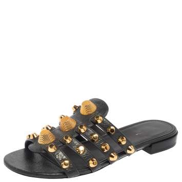 Pre Owned Balenciaga Gray Leather Studded Caged Flat Slides Size 37