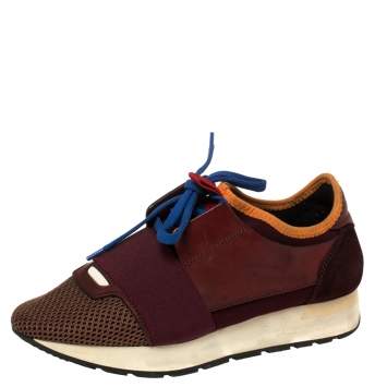 Pre Owned Balenciaga Burgundy Leather, Mesh and Neoprene Race Runner Sneakers Size 36