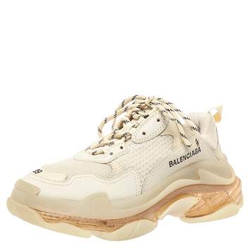 Pre Owned Balenciaga Off White Mesh And Leather Triple S Clear Sole Low Top Sneakers Size 39