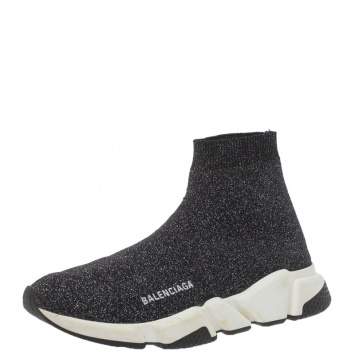 Pre Owned Balenciaga Black/Silver Glitter Knit Fabric Speed Trainer Sneakers Size 40