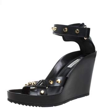 Pre Owned Balenciaga Black Leather Studded Wedge Sandals Size 40