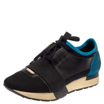 Pre Owned Balenciaga Black/Blue Leather Race Runner Sneaker Size 38