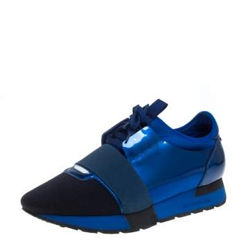 Pre Owned Balenciaga Blue Fabric And Patent Leather Race Runner Sneakers Size 39