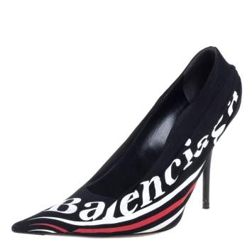 Pre Owned Balenciaga Black Fabric And Leather Knife Logo Pointed Toe Pumps Size 39.5