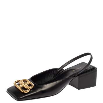 Pre Owned Balenciaga Black Leather BB Logo Square Toe Slingback Sandals Size 35.5