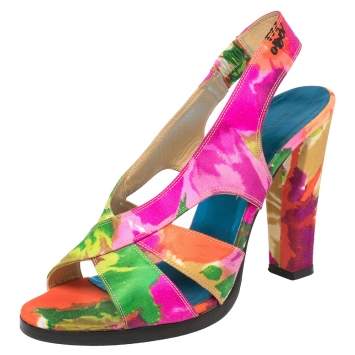 Pre Owned Balenciaga Multicolor Printed Satin Slingback Open Toe Sandals Size 39