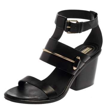 Pre Owned Balenciaga Black Leather Ankle Wrap Block Heel Sandals Size 39