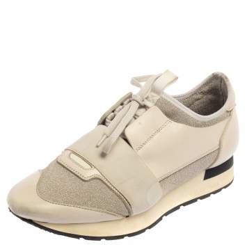 Pre Owned Balenciaga Cream/Grey Leather and Fabric Race Runner Sneaker Size 39