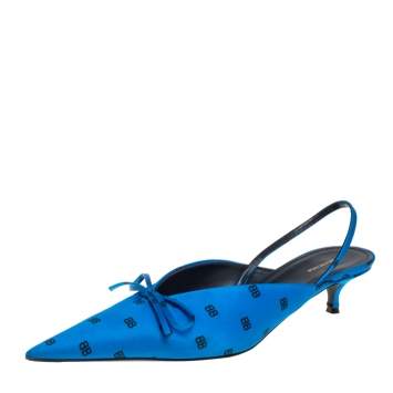 Pre Owned Balenciaga Blue Satin Logo All Over Slingback Sandals Size 39