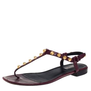 Pre Owned Balenciaga Burgundy Studded Leather Arena Thong Sandals Size 39.5