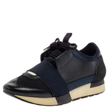 Pre Owned Balenciaga Blue/Black Mesh And Suede Leather Race Runner Low Top Sneakers Size 37