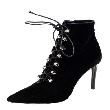 Pre Owned Balenciaga Black Velvet Pointed Toe Lace Up Ankle Boots Size 40 