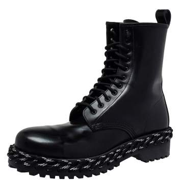 Pre Owned Balenciaga Black Leather Rope Stitched Combat Ankle Boots Size 41