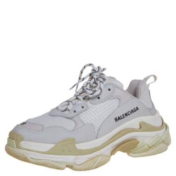 Pre Owned Balenciaga White/Grey Mesh And Leather Triple S Sneakers Size 39