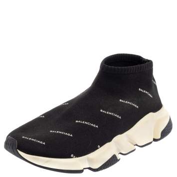 Pre Owned Balenciaga Black Knit Fabric Speed Logo Sneakers Size 38