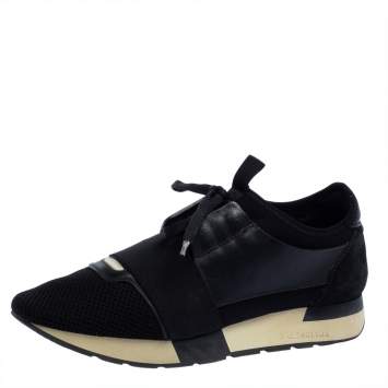 Pre Owned Balenciaga Black Mesh And Leather Race Runner Sneakers Size 40
