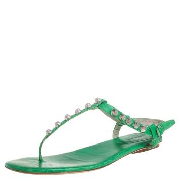 Pre Owned Balenciaga Green Leather Studded Thong Flat Sandals Size 39
