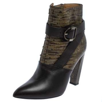 Pre Owned Balenciaga Black Lizard Embossed Leather Ankle Length Boots Size 39