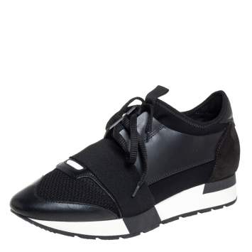 Pre Owned Balenciaga Black Mesh And Leather Race Runner Low Top Sneakers Size 38