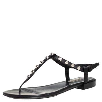 Pre Owned Balenciaga Black Leather Studded Thong Flats Size 39