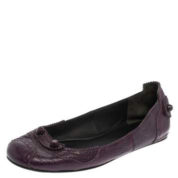Pre Owned Balenciaga Purple Leather Coquelicot Brogue Ballet Flats Size 38.5