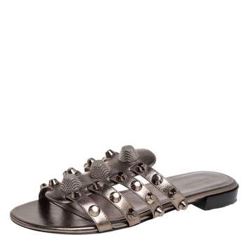 Pre Owned Balenciaga Metallic Bronze Leather Studded Slides Sandals Size 38