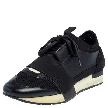 Pre Owned Balenciaga Black/White Leather And Mesh Race Runner Sneakers Size 38