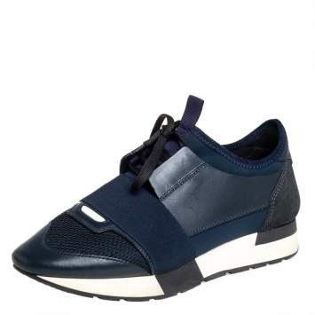 Pre Owned Balenciaga Navy Blue Mesh And Leather Race Runner Low Top Sneakers Size 38