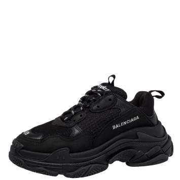 Pre Owned Balenciaga Black Leather And Mesh Triple S Low Top Sneakers Size 38