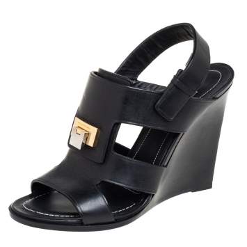 Pre Owned  Balenciaga Black Leather Wedge Sandals Size 37