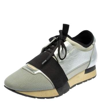 Pre Owned Balenciaga Silver/Black Leather And Fabric Race Runner Sneakers Size 37