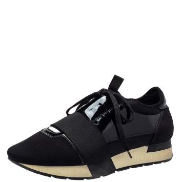 Pre Owned Balenciaga Black Patent Leather And Neoprene Race Runner Low Top Sneakers Size 38