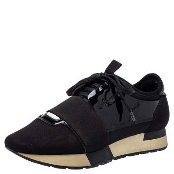 Pre Owned Balenciaga Black Patent Leather And Neoprene Race Runner Low Top Sneakers Size 37