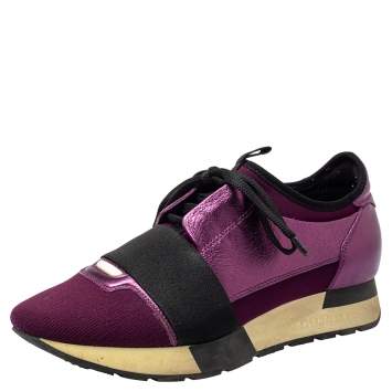 Pre Owned Balenciaga Purple Leather And Knit Fabric Race Runner Low Top Sneakers Size 37