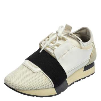 Pre Owned Balenciaga White Mesh And Leather Race Runner Sneakers Size 37