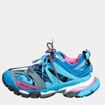 Pre Owned Balenciaga Blue Faux Leather And Mesh Track Sneakers Size 38
