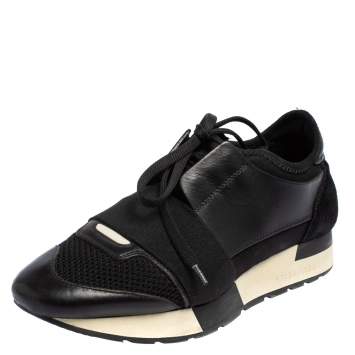 Pre Owned Balenciaga Black Leather And Mesh Race Runner Low Top Sneakers Size 36