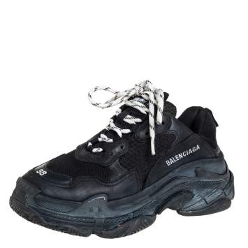 Pre Owned Balenciaga Black Leather And Mesh Triple S Clear Sneakers Size 38