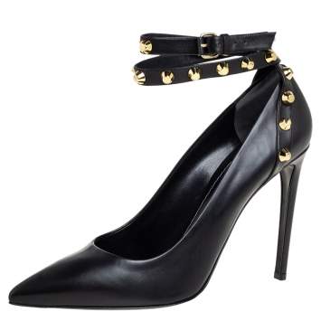 Pre Owned Balenciaga Black Leather Studded Pointed Toe Ankle Wrap Pumps Size 41