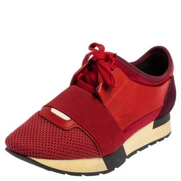 Pre Owned Balenciaga Red/Purple Suede And Leather Race Runner Low Top Sneakers Size 37