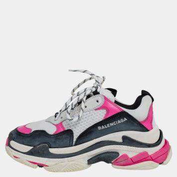 Pre Owned Balenciaga White/Pink Leather And Mesh Triple S Platform Sneakers Size 38
