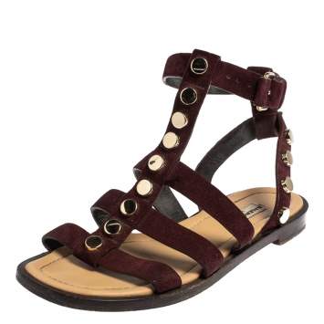 Pre Owned Balenciaga Burgundy Suede Studded Gladiator Flat Sandals Size 36