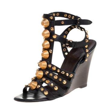 Pre Owned Balenciaga Black Leather Arena Studded Gladiator Wedge Sandals Size 41